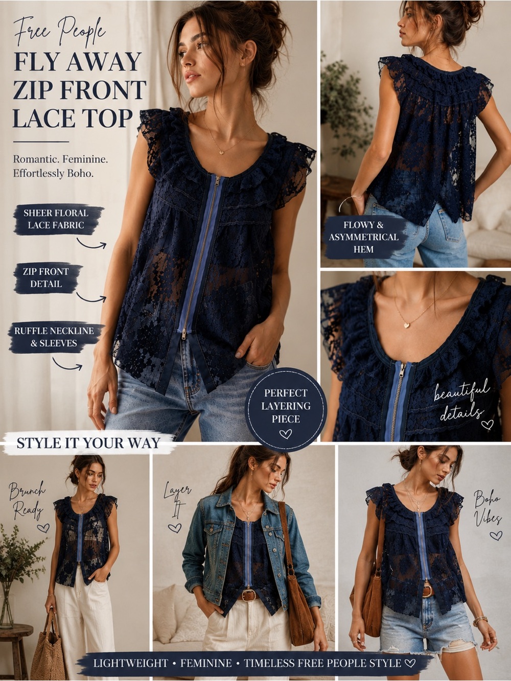 Free People Navy Blue Sheer Lace Zip-Front Ruffle Cami XS